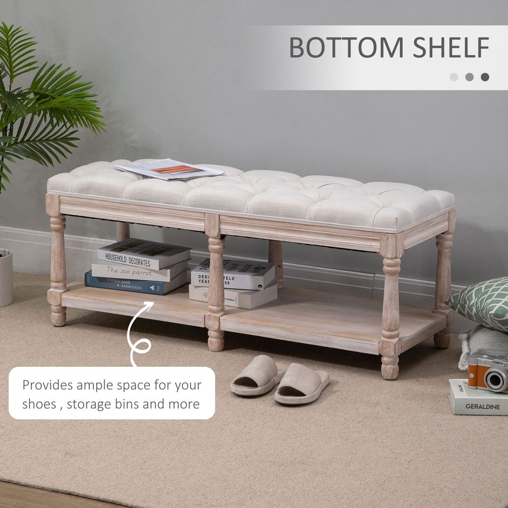 Cream White 2-Tier Bed End Bench with Vintage Button Tufted Seat for Timeless Appeal