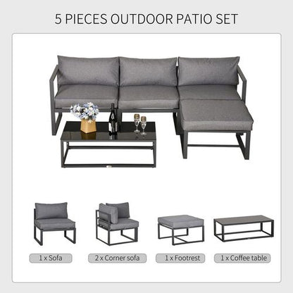 5-Piece Luxurious Patio Set with Cushions & Glass Top Table