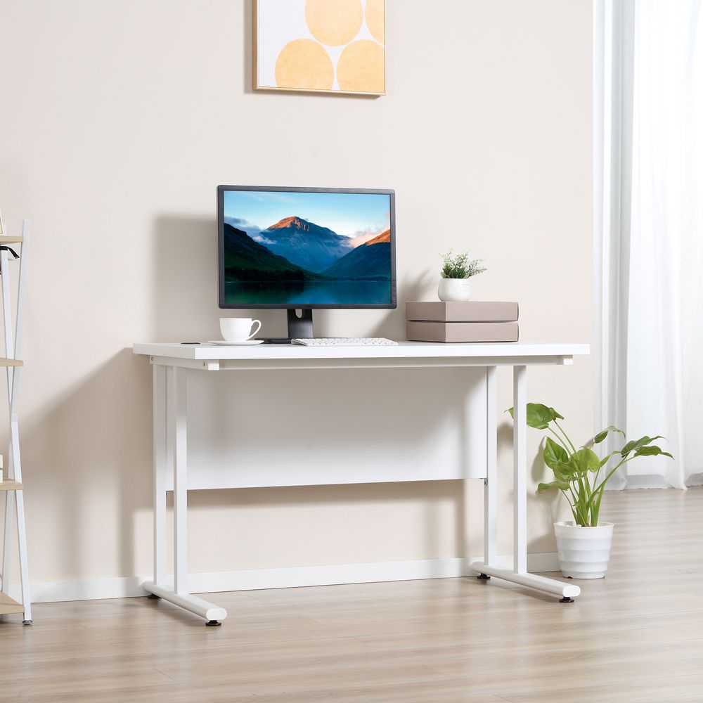 White Writing Desk with 2 Cable Management Holes and Metal Legs for Tidy Workspaces