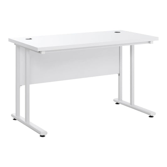 White Writing Desk with 2 Cable Management Holes and Metal Legs for Tidy Workspaces