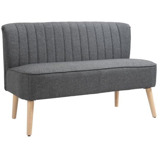 Grey Padded Linen Double Seat Loveseat Couch with Wooden Legs for Comfort