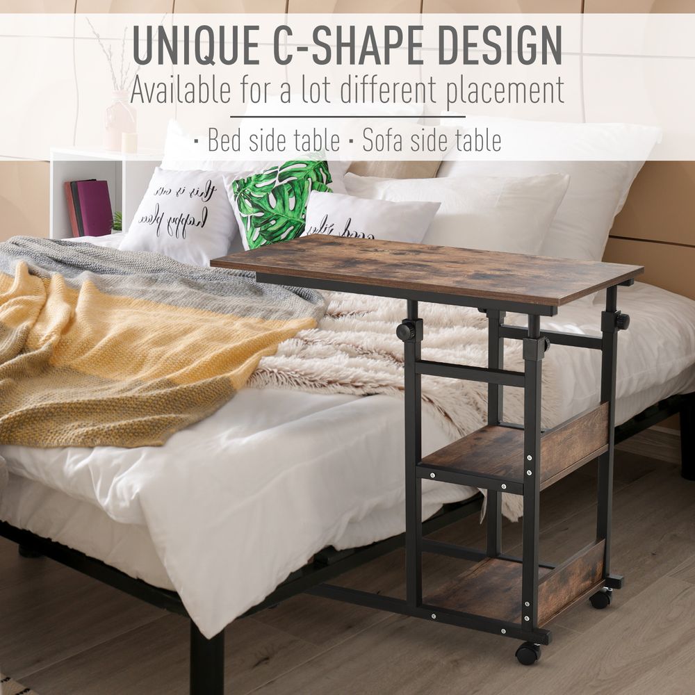 C-Shaped Mobile Sofa Bed Side Table with Adjustable Height, 3-Tier Cart