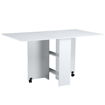 Kitchen Folding Desk - Mobile Drop Leaf Dining Table with Wheels and Storage Shelves