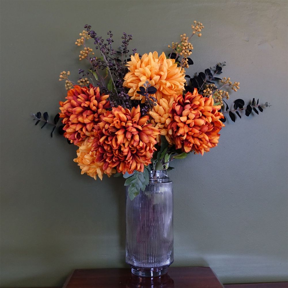 65cm Orange and Black Flower Arrangement in Glass Vase