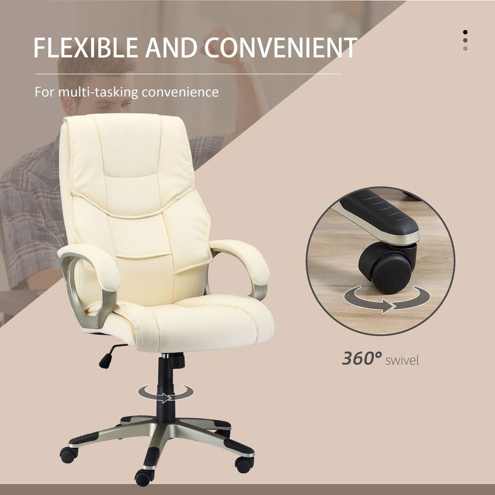 White Faux Leather Executive Office Chair with Swivel Wheels, Stylish and Comfortable