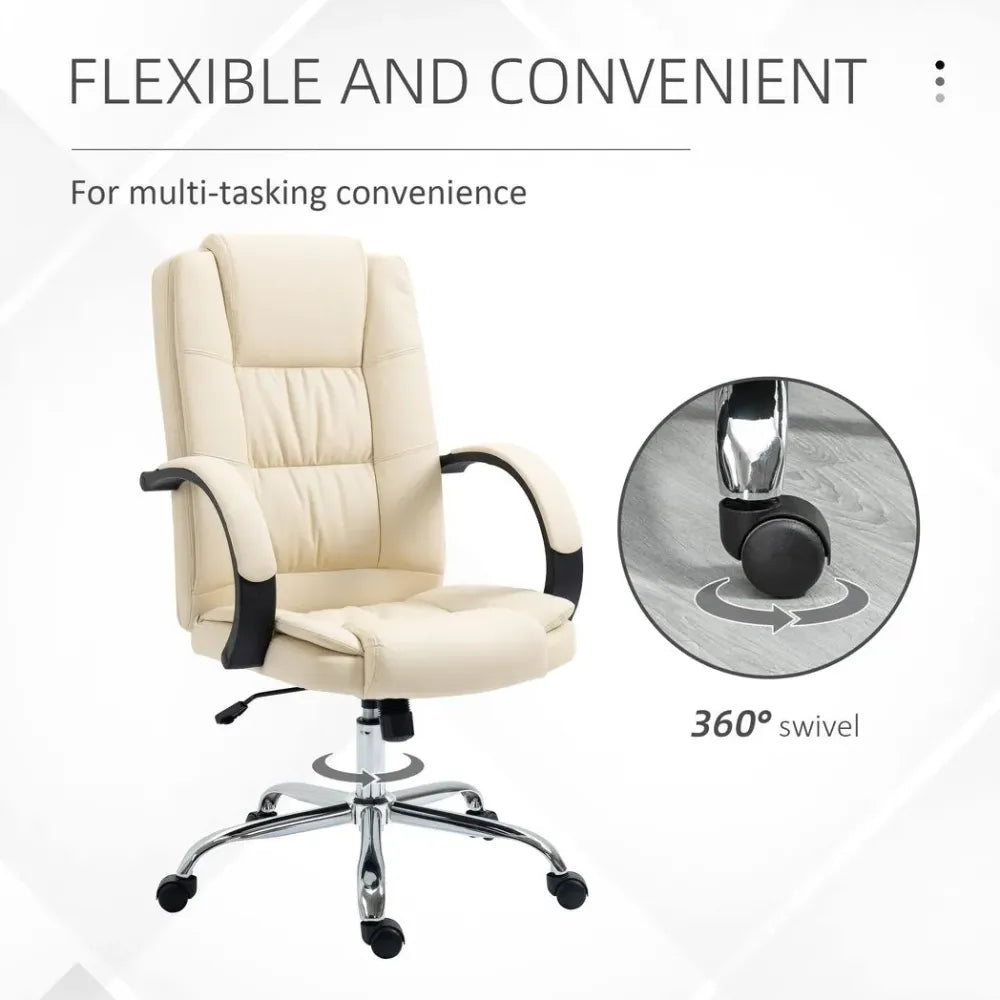 Beige PU Leather Executive Office Chair with High Back and Height Adjustable Feature