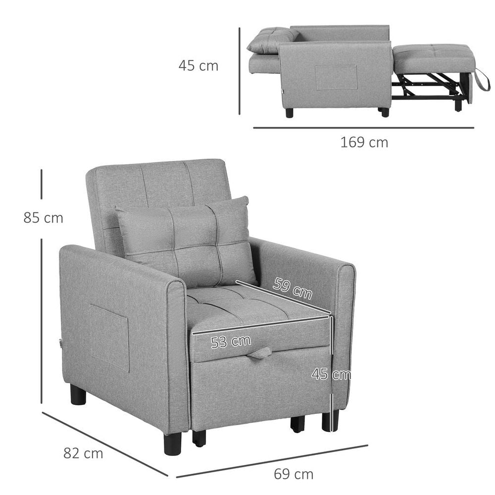 Light Grey Pull-Out Sleeper Chair Bed with Pillow and Practical Side Pockets