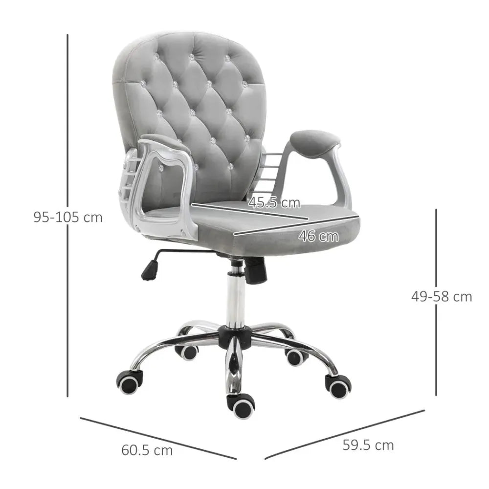 Grey Luxury Velour Office Chair with Diamond Tufted Design and 360° Ergonomic Swivel