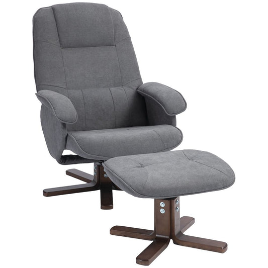 Grey Linen-Touch Swivel Recliner Chair and Footstool with Sturdy Wooden Base