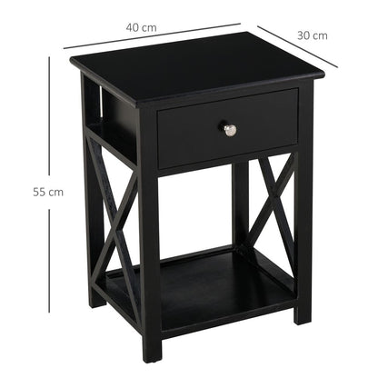 Black MDF 2-Tier Side Table with Drawer - Stylish Storage Solution for Homes