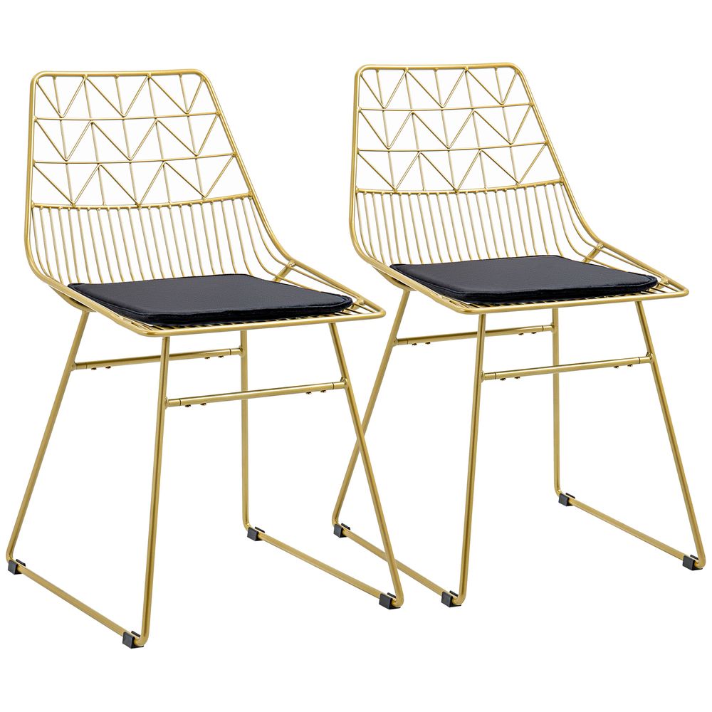 Set of 2 Gold Tone Metal Wire Dining Chairs with Back for Kitchen