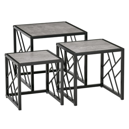 Set of 3 Nesting Coffee Tables with Square Design and Metal Frame, Grey