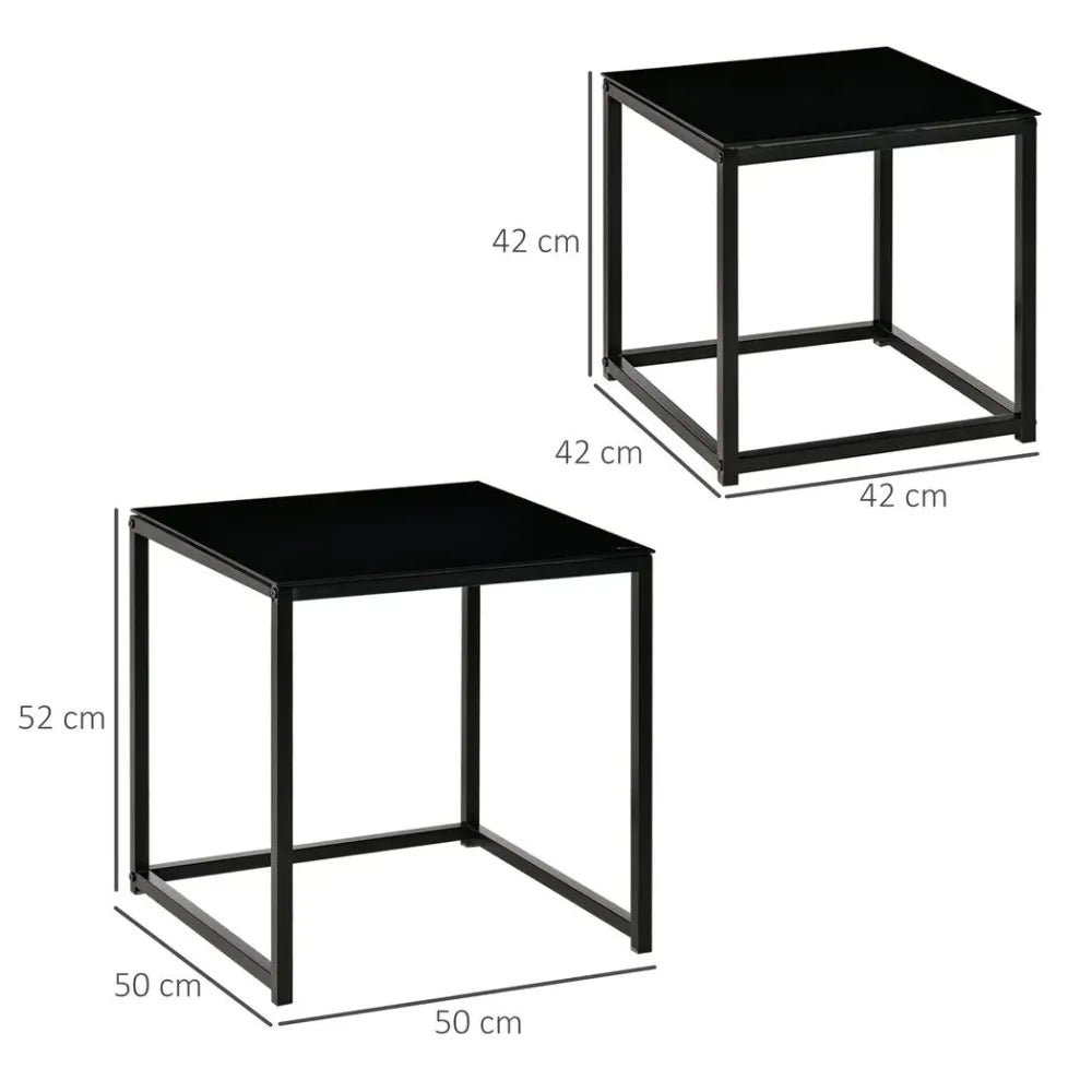 Set of 2 Black Nest of Side Tables with Tempered Glass Top for Stylish Storage