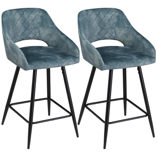 Set of 2 Velvet-Touch Bar Stools – Counter Height Chairs with Fabric – Blue