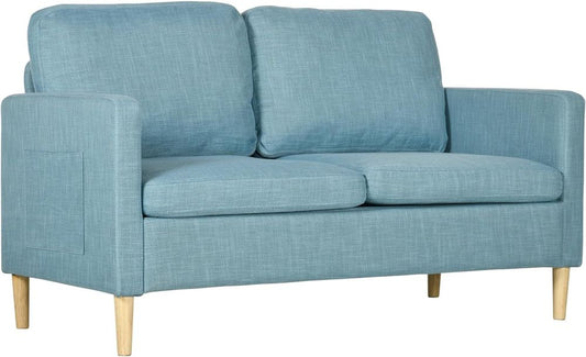 2-Seater Modern Fabric Sofa with Wood Legs and Dual Pockets in Blue