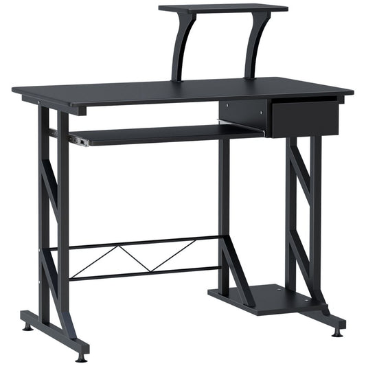 Quality Black Wood Computer Desk with Shelf Tray for Home Office Convenience