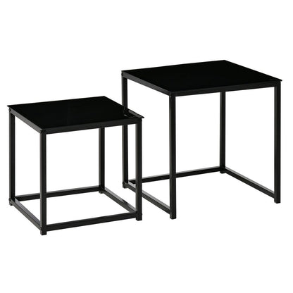 Set of 2 Black Nest of Side Tables with Tempered Glass Top for Stylish Storage