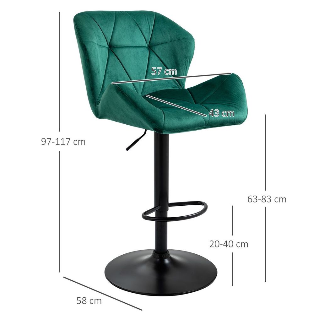 Set of 2 Luxurious Velvet-Touch Bar Stools - Metal Frame, Footrest Base, Green