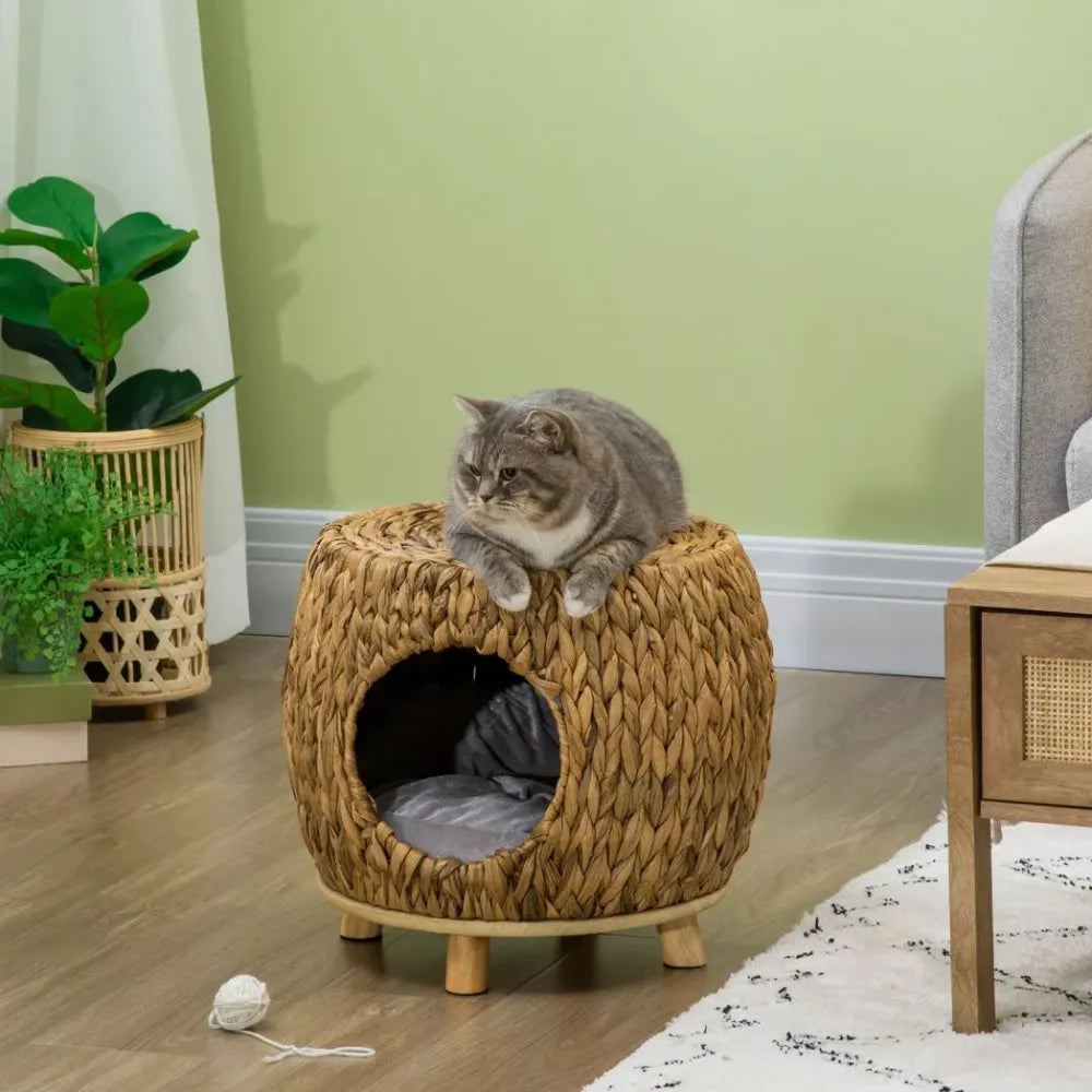 Wicker Rattan Cat House Stool, Indoor and Outdoor Kitten Bed with Soft Cushion