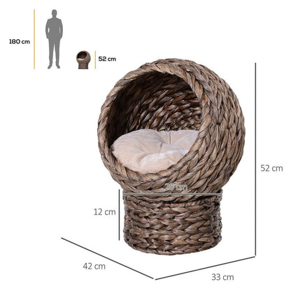 Brown Raised Wicker Cat House with Cylindrical Base, Dimensions 42x33x52cm