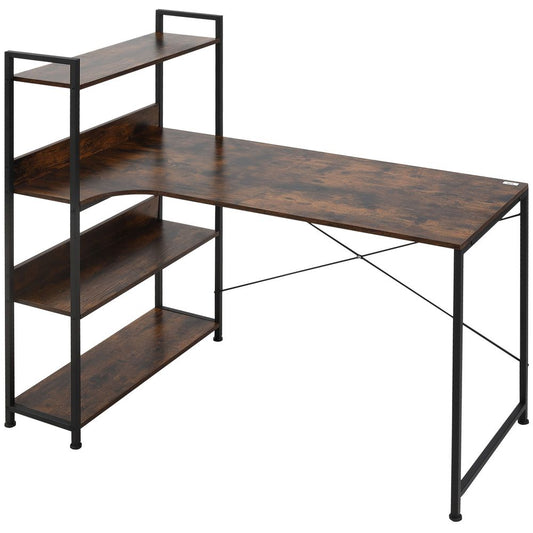 Retro Industrial Computer Desk with 4-Tier Storage Shelf Metal Frame, Brown