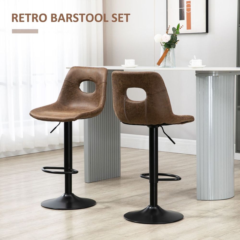 Set of 2 Adjustable Height Brown Retro Bar Stools with Swivel Leather-Like Seats