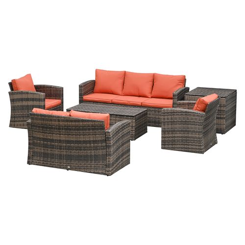 Outdoor 6-Piece Rattan Wicker Sofa Set with Storage & Cushions - Mixed Brown