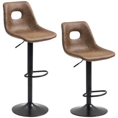 Set of 2 Adjustable Height Brown Retro Bar Stools with Swivel Leather-Like Seats