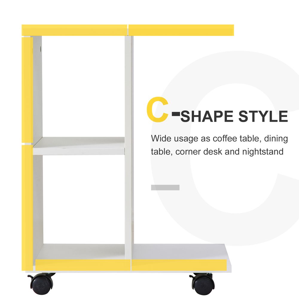 C-Shape End Table – Storage Unit with 2 Shelves and 4 Wheels – White