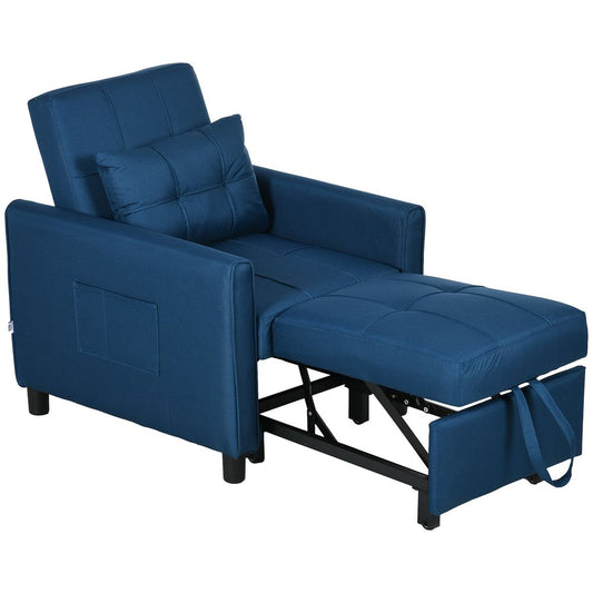 Blue Pull-Out Sleeper Chair Bed with Pillow and Convenient Side Pockets