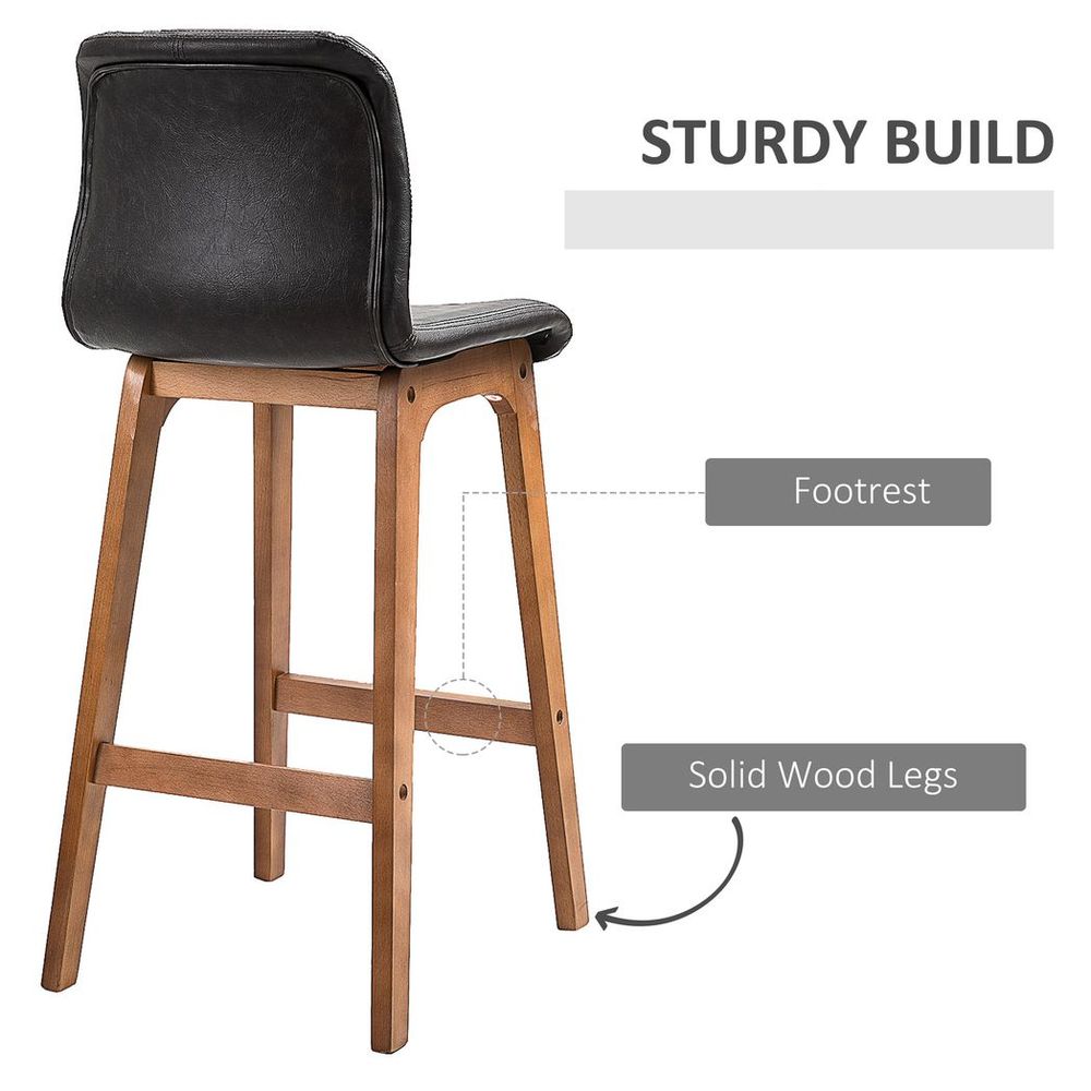 2 Faux Leather Bar Stools - 93cm, Wooden Frame, Footrest, High Back, Brown