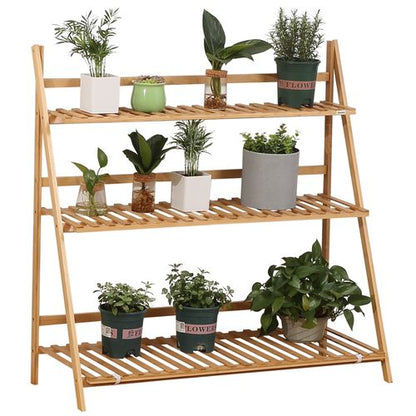 Folding Bamboo 3-Tier Plant Stand - Versatile Rack for Indoor & Outdoor Use