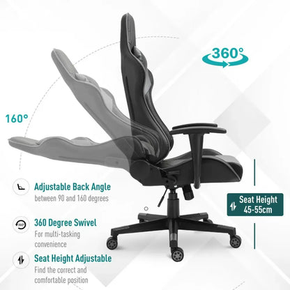 Black PU Leather Gaming Chair with Adjustable Head Pillow and Lumbar Support