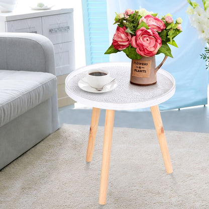 White Floral Etched Pine Wood Side Table with Saucer Top for Chic Decor