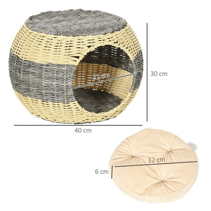 Rattan Raised Cat House with Soft Cushion, 40x30cm for Cozy Cat Comfort