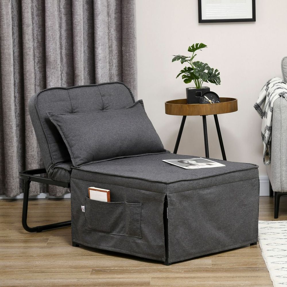 Charcoal Grey Folding Sleeper Chair Bed with Pillow and Side Storage Pockets