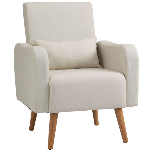 Cream Nordic Armchair with Linen-Touch Fabric and Cushioned Pillow for Comfort