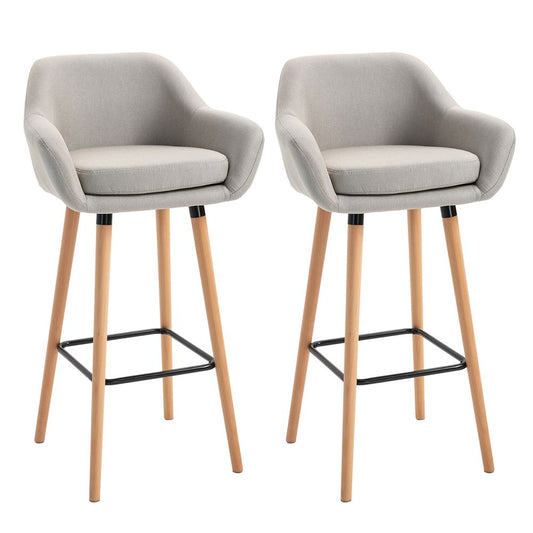 2 Modern Upholstered Fabric Bar Stools - Bucket Seat, Solid Wood Legs, Beige