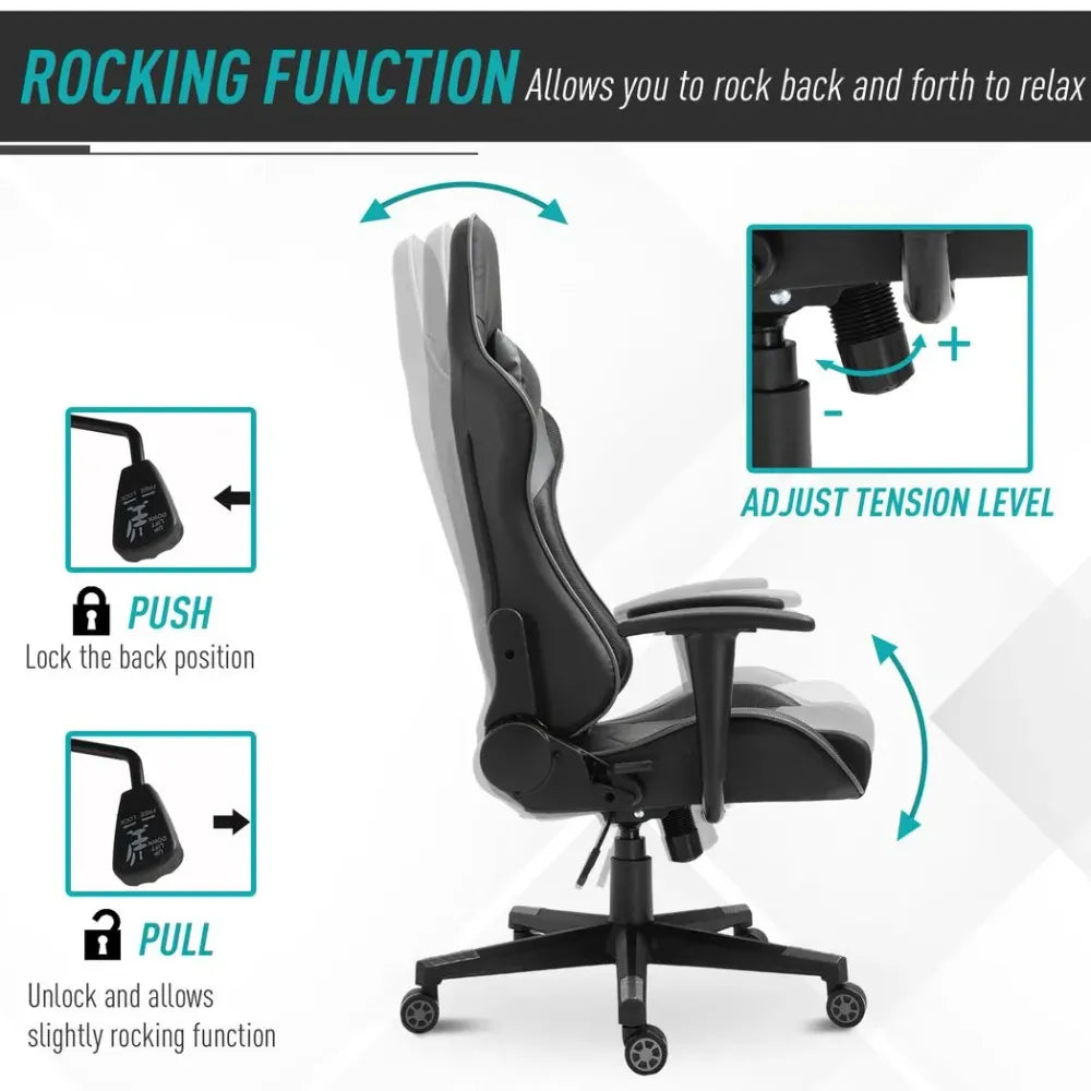 Black PU Leather Gaming Chair with Adjustable Head Pillow and Lumbar Support