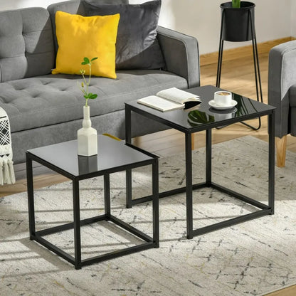 Set of 2 Black Nest of Side Tables with Tempered Glass Top for Stylish Storage