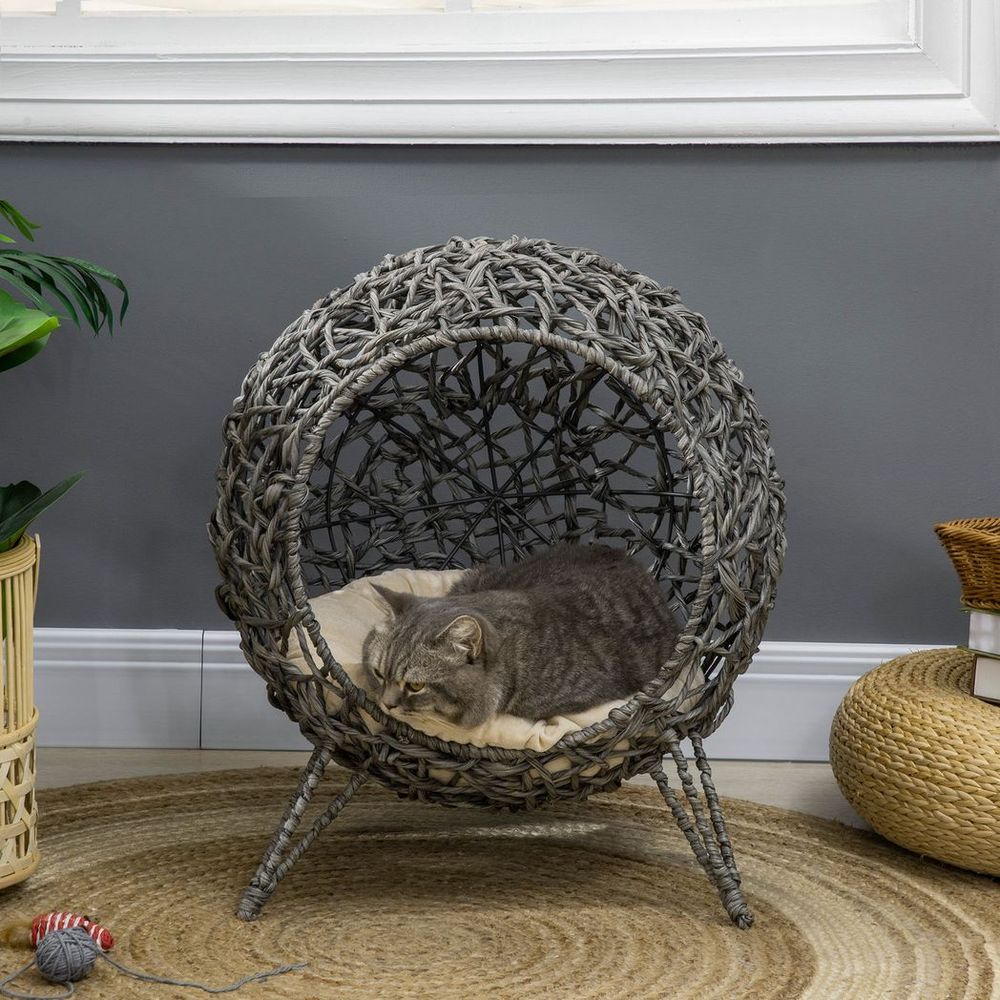 Grey Silver-Tone Rattan Elevated Cat House Basket with Cushion for Comfortable Rest