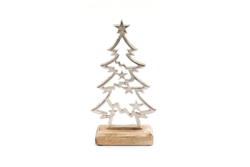 Small Silver Christmas Tree with Wooden Base, Perfect for Festive Decor