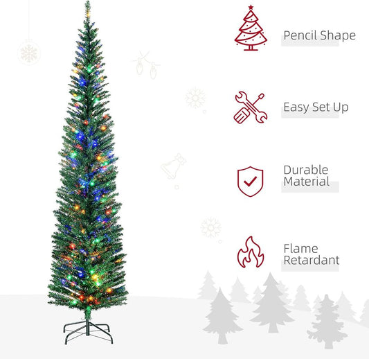 7.5FT Artificial Pencil Christmas Tree with Colourful Lights and Sturdy Steel Base