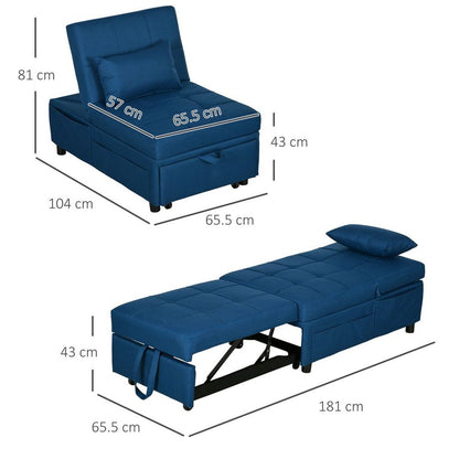 Adjustable Folding Sofa Bed with Pillow and Side Pocket, Blue