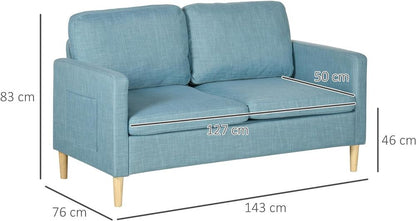 2-Seater Modern Fabric Sofa with Wood Legs and Dual Pockets in Blue