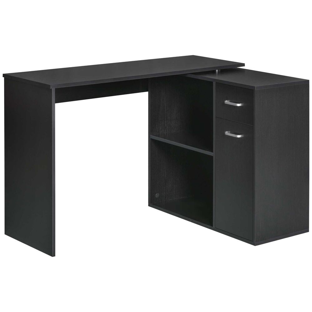 Black Corner Computer Desk with 360-Degree Rotation and Storage Shelf for Efficient Use