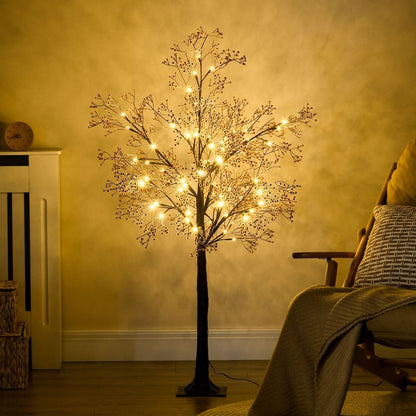 4FT Artificial Tree with Warm White LED Lights and Baby Breath Flowers for Festive Decor