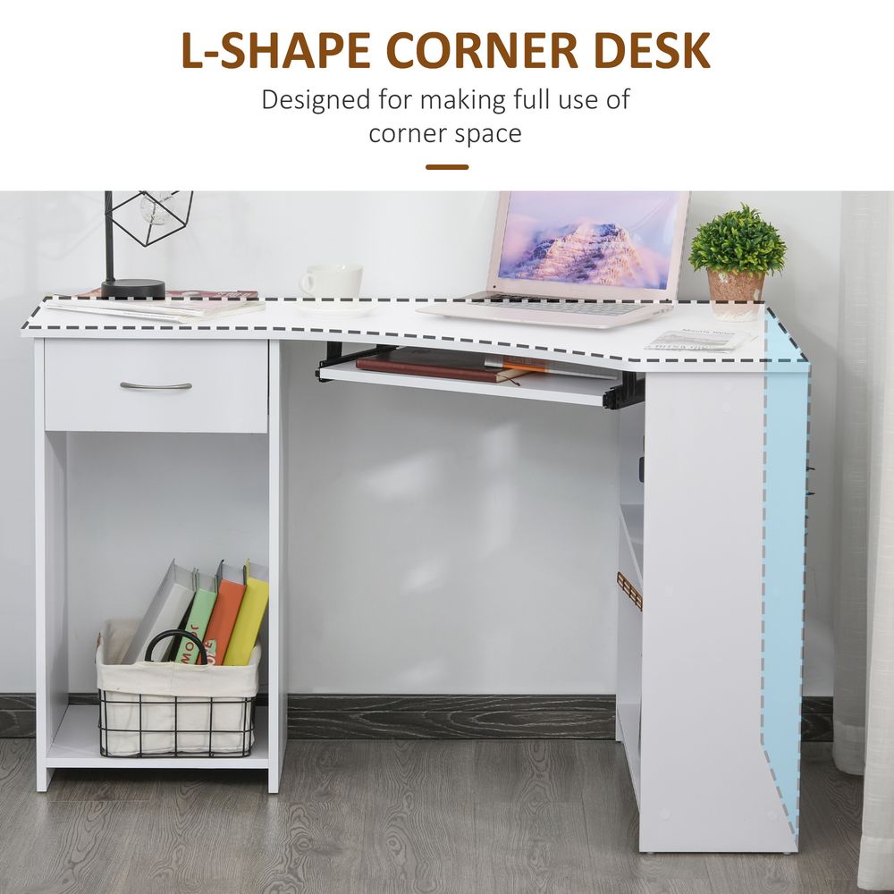 White L-Shaped Corner Computer Desk with 2 Shelves and Keyboard Tray for Storage