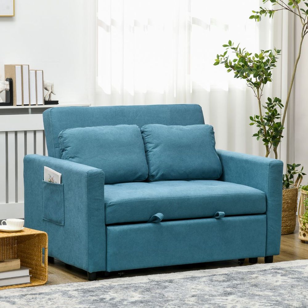 2-Seater Convertible Sofa Bed with Cushions and Pockets, Blue