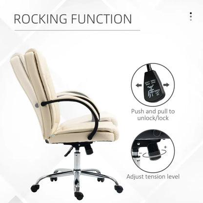 Beige PU Leather Executive Office Chair with High Back and Height Adjustable Feature